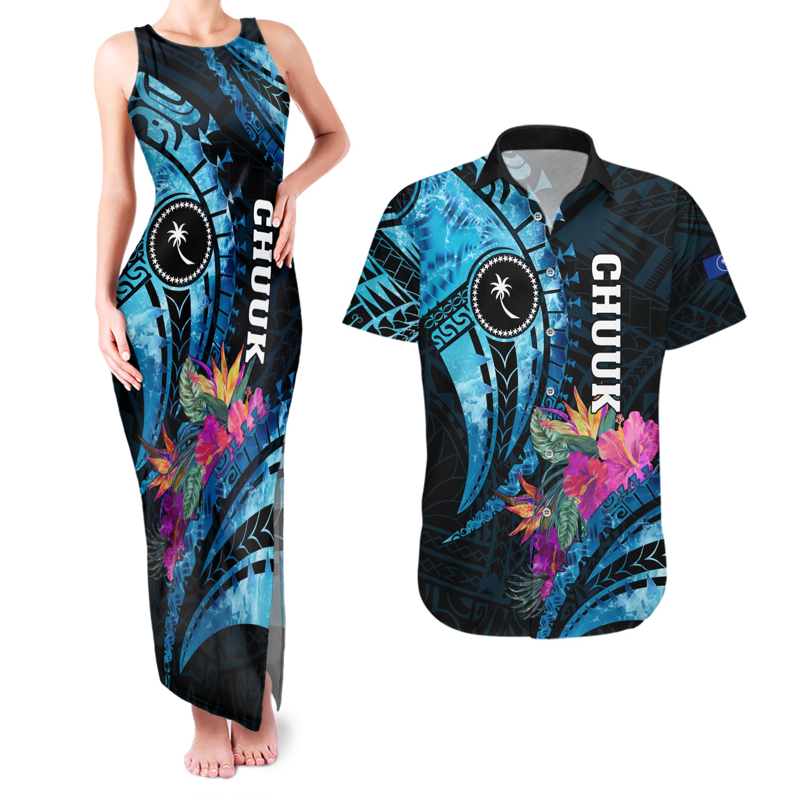 Personalised FSM Chuuk State Couples Matching Tank Maxi Dress and Hawaiian Shirt Tropical Flowers Tribal Pattern LT05 Blue - Polynesian Pride