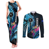 Personalised FSM Chuuk State Couples Matching Tank Maxi Dress and Long Sleeve Button Shirt Tropical Flowers Tribal Pattern LT05 Blue - Polynesian Pride