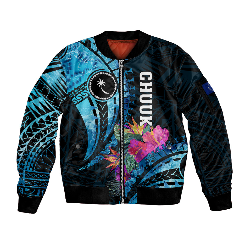Personalised FSM Chuuk State Sleeve Zip Bomber Jacket Tropical Flowers Tribal Pattern LT05 Unisex Blue - Polynesian Pride