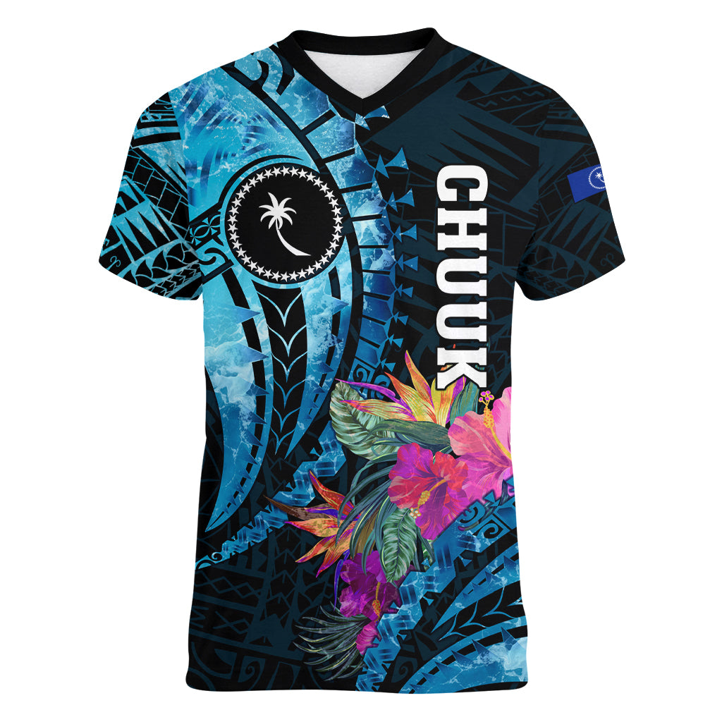 Personalised FSM Chuuk State Women V Neck T Shirt Tropical Flowers Tribal Pattern LT05 Female Blue - Polynesian Pride