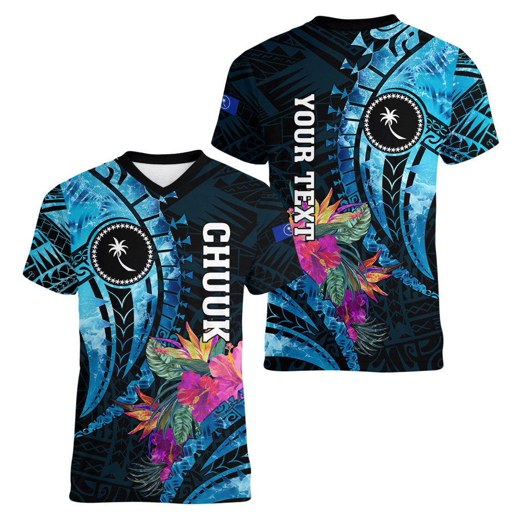 Personalised FSM Chuuk State Women V Neck T Shirt Tropical Flowers Tribal Pattern LT05 - Polynesian Pride