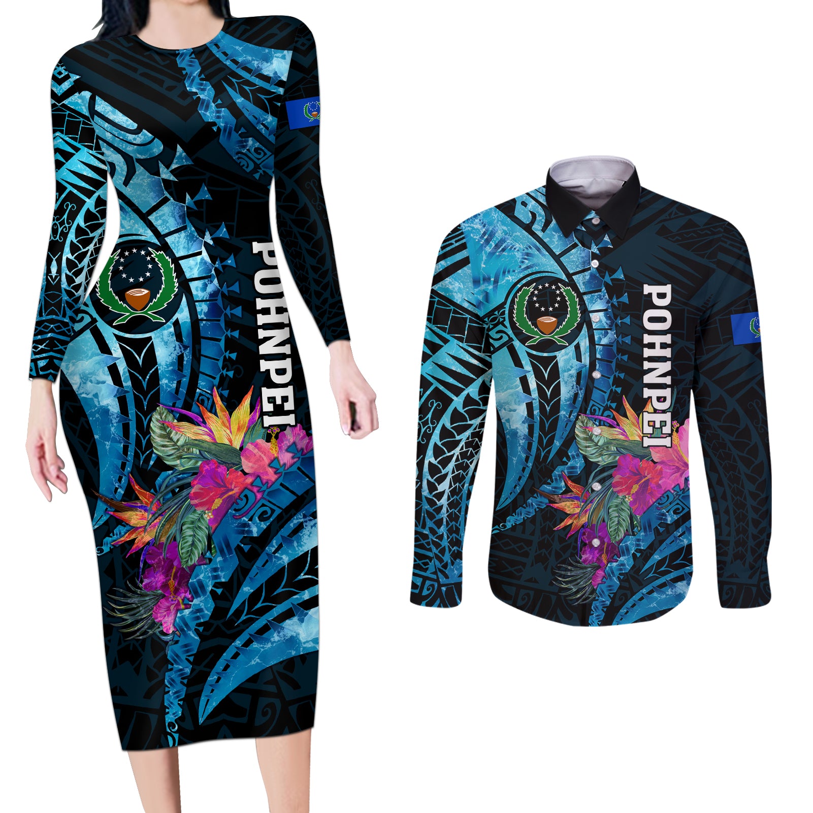 Personalised FSM Pohnpei State Couples Matching Long Sleeve Bodycon Dress and Long Sleeve Button Shirt Tropical Flowers Tribal Pattern LT05 Blue - Polynesian Pride
