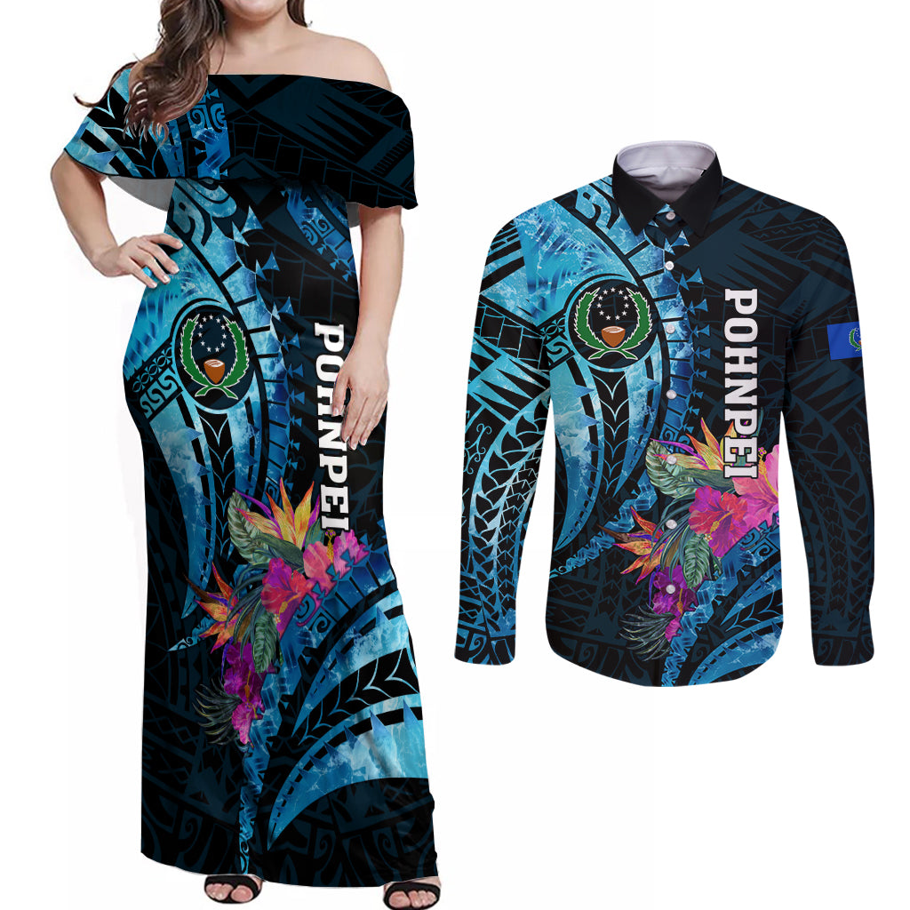 Personalised FSM Pohnpei State Couples Matching Off Shoulder Maxi Dress and Long Sleeve Button Shirt Tropical Flowers Tribal Pattern LT05 Blue - Polynesian Pride