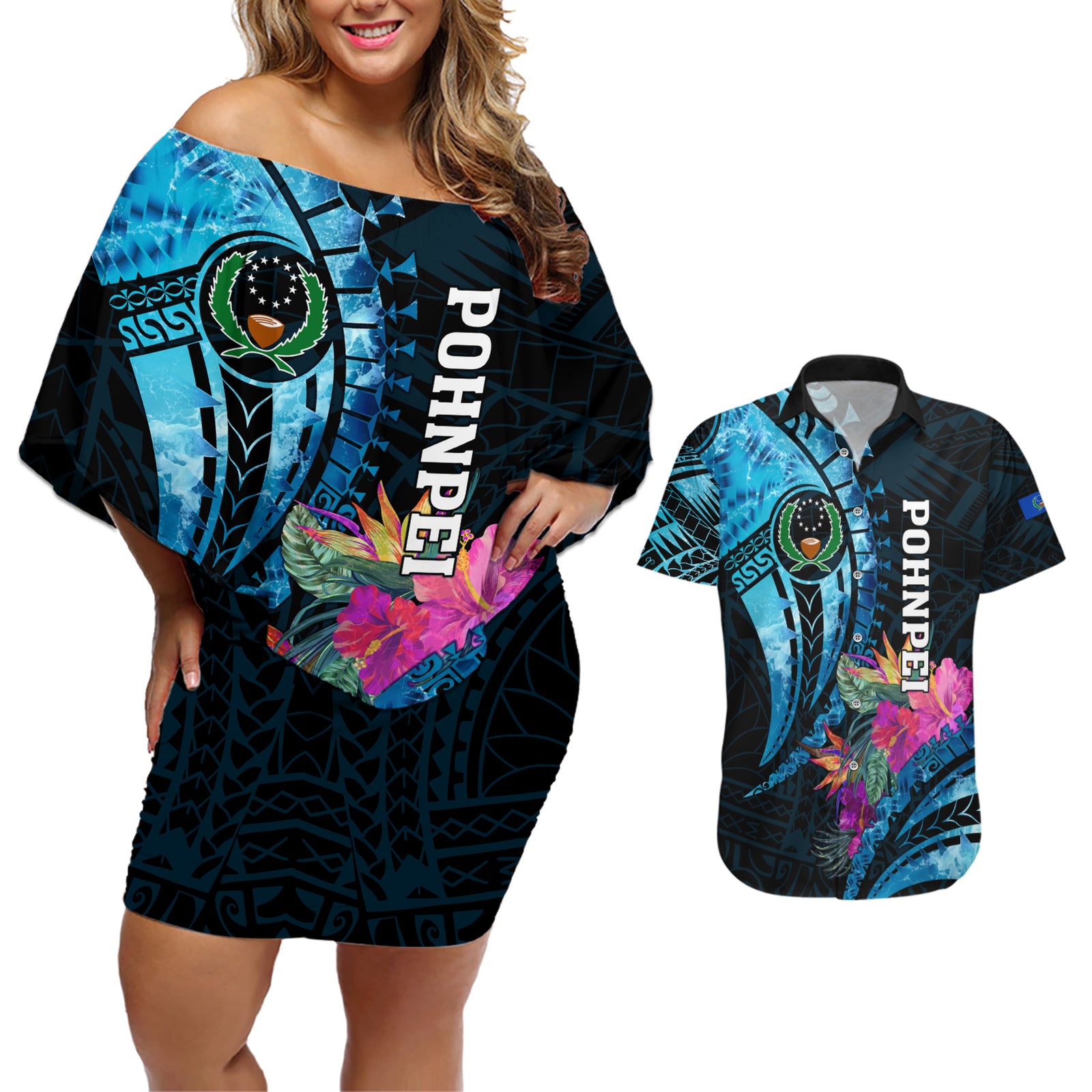 Personalised FSM Pohnpei State Couples Matching Off Shoulder Short Dress and Hawaiian Shirt Tropical Flowers Tribal Pattern LT05 Blue - Polynesian Pride