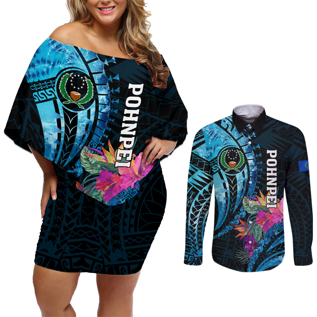 Personalised FSM Pohnpei State Couples Matching Off Shoulder Short Dress and Long Sleeve Button Shirt Tropical Flowers Tribal Pattern LT05 Blue - Polynesian Pride