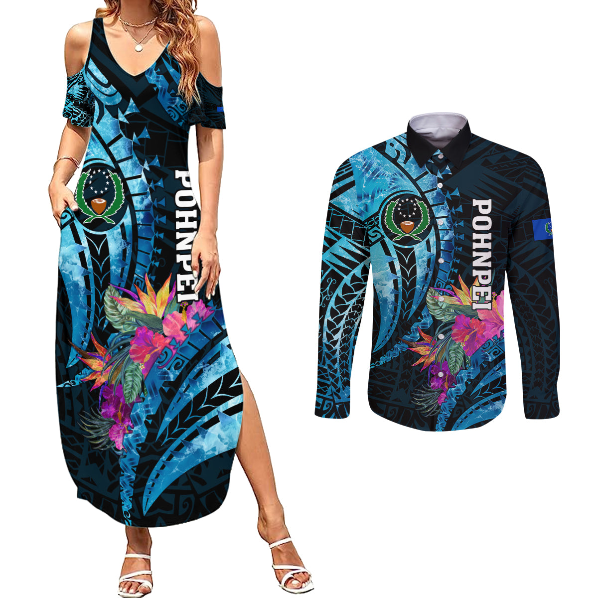Personalised FSM Pohnpei State Couples Matching Summer Maxi Dress and Long Sleeve Button Shirt Tropical Flowers Tribal Pattern LT05 Blue - Polynesian Pride