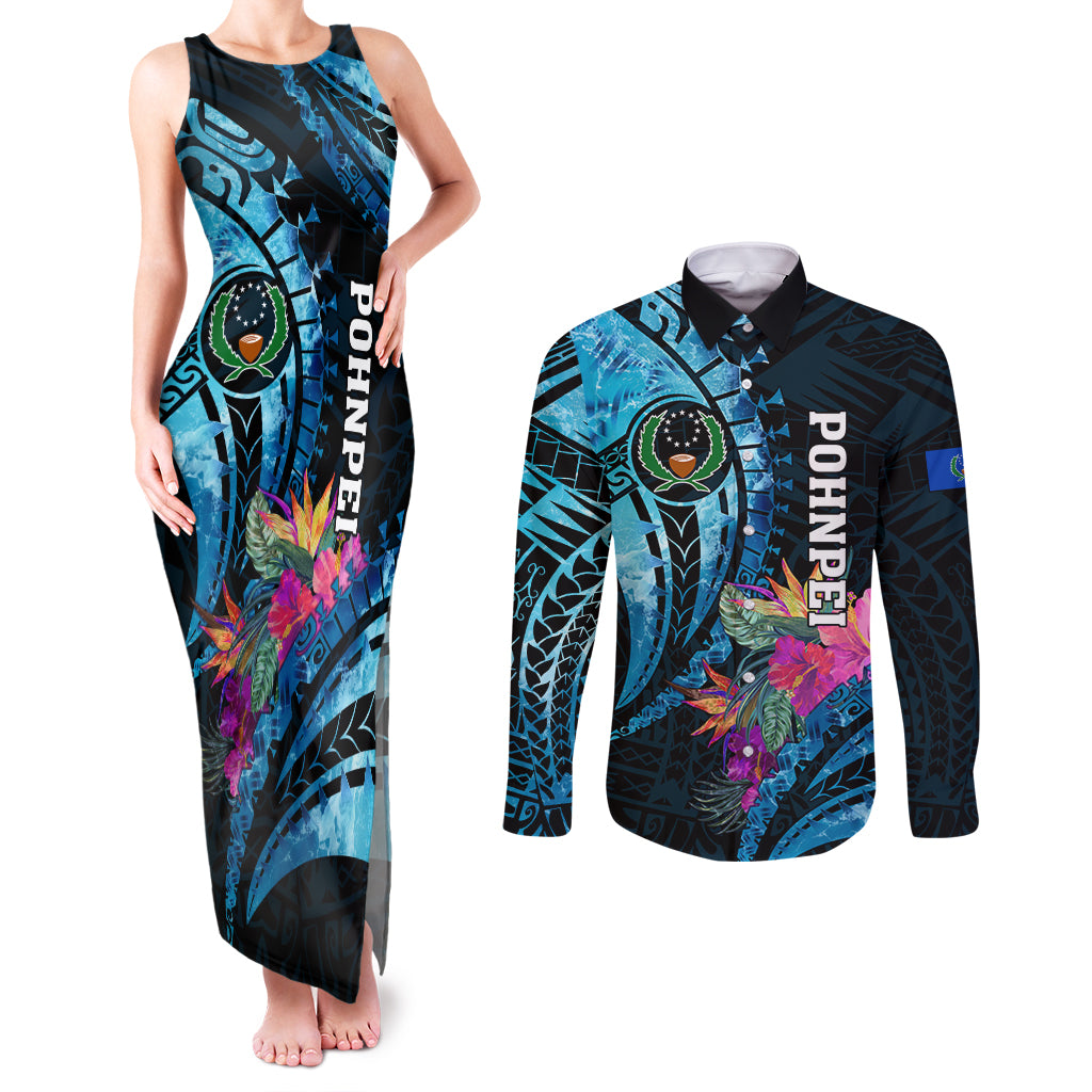Personalised FSM Pohnpei State Couples Matching Tank Maxi Dress and Long Sleeve Button Shirt Tropical Flowers Tribal Pattern LT05 Blue - Polynesian Pride