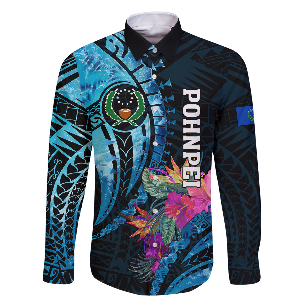 Personalised FSM Pohnpei State Family Matching Off Shoulder Long Sleeve Dress and Hawaiian Shirt Tropical Flowers Tribal Pattern LT05 Dad's Shirt - Long Sleeve Blue - Polynesian Pride
