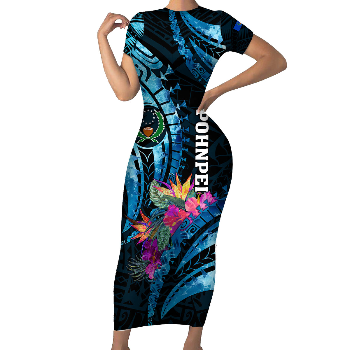 Personalised FSM Pohnpei State Family Matching Short Sleeve Bodycon Dress and Hawaiian Shirt Tropical Flowers Tribal Pattern LT05 Mom's Dress Blue - Polynesian Pride