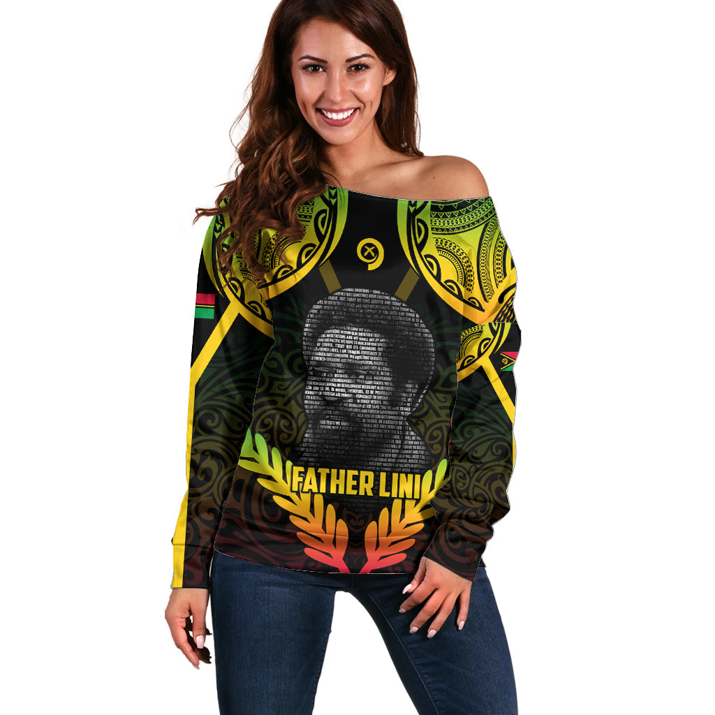 Personalised Vanuatu Father Lini Day Off Shoulder Sweater Polynesian Tribal Pattern LT05 Women Black - Polynesian Pride