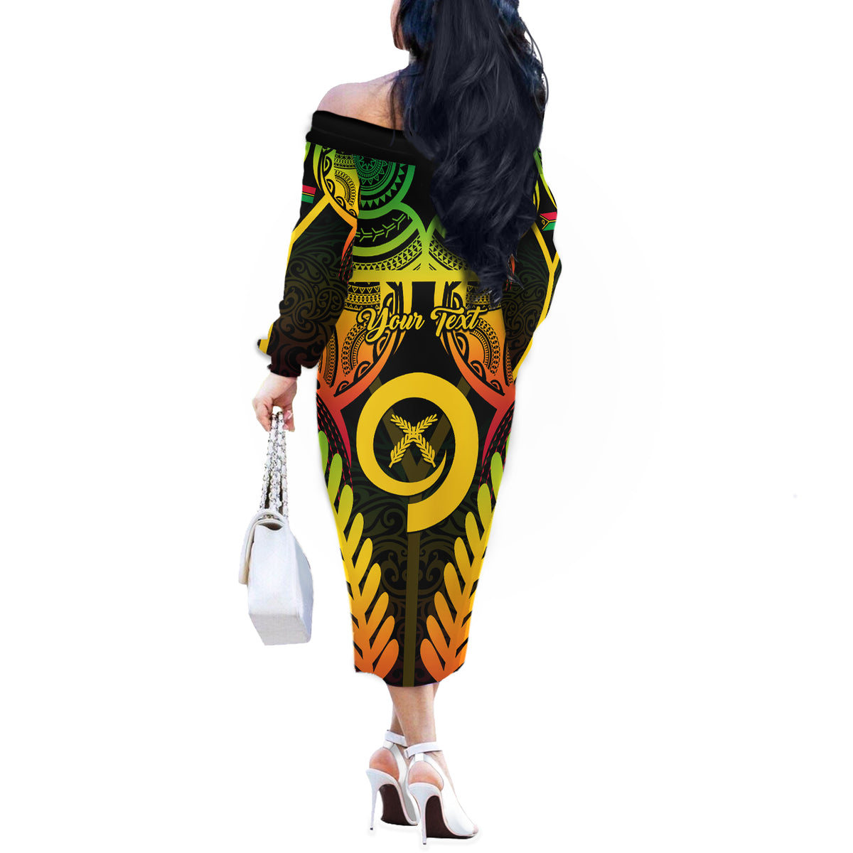 Personalised Vanuatu Father Lini Day Off The Shoulder Long Sleeve Dress Polynesian Tribal Pattern LT05 - Polynesian Pride