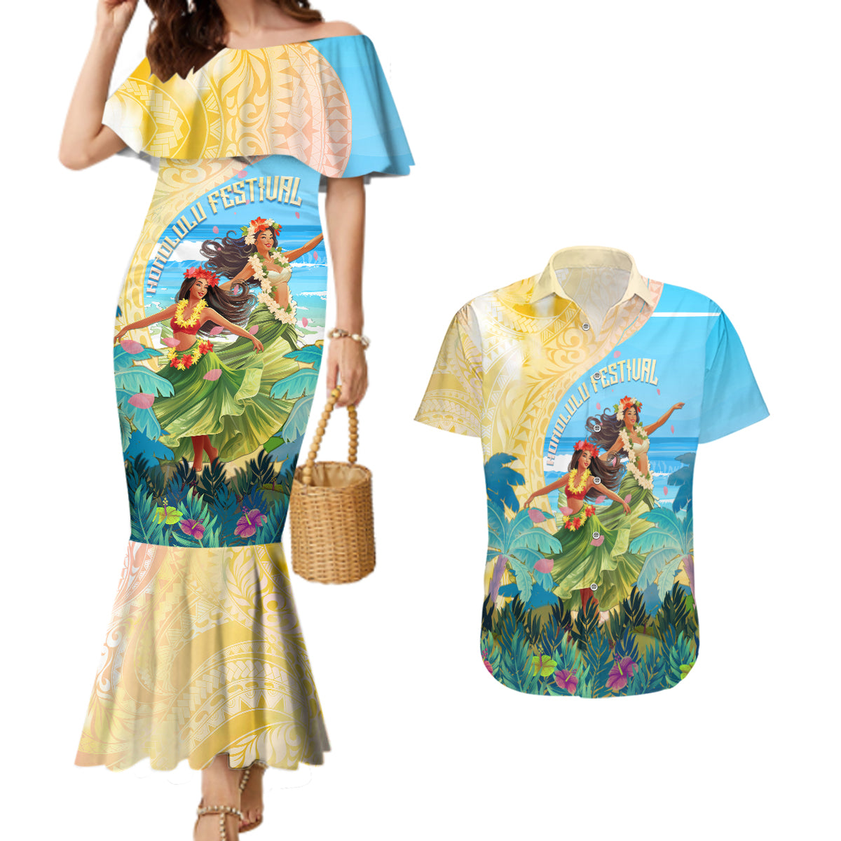 Personalised Hawaii Honolulu Festival Couples Matching Mermaid Dress and Hawaiian Shirt Hula Girls Tropical Vibe LT05 Blue - Polynesian Pride