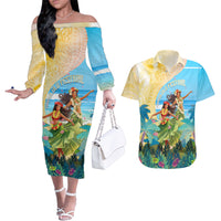 Personalised Hawaii Honolulu Festival Couples Matching Off The Shoulder Long Sleeve Dress and Hawaiian Shirt Hula Girls Tropical Vibe LT05 Blue - Polynesian Pride