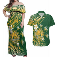 Cook Islands 15 Finest Couples Matching Off Shoulder Maxi Dress and Hawaiian Shirt Plumeria Polynesian Turtle LT05 Green - Polynesian Pride