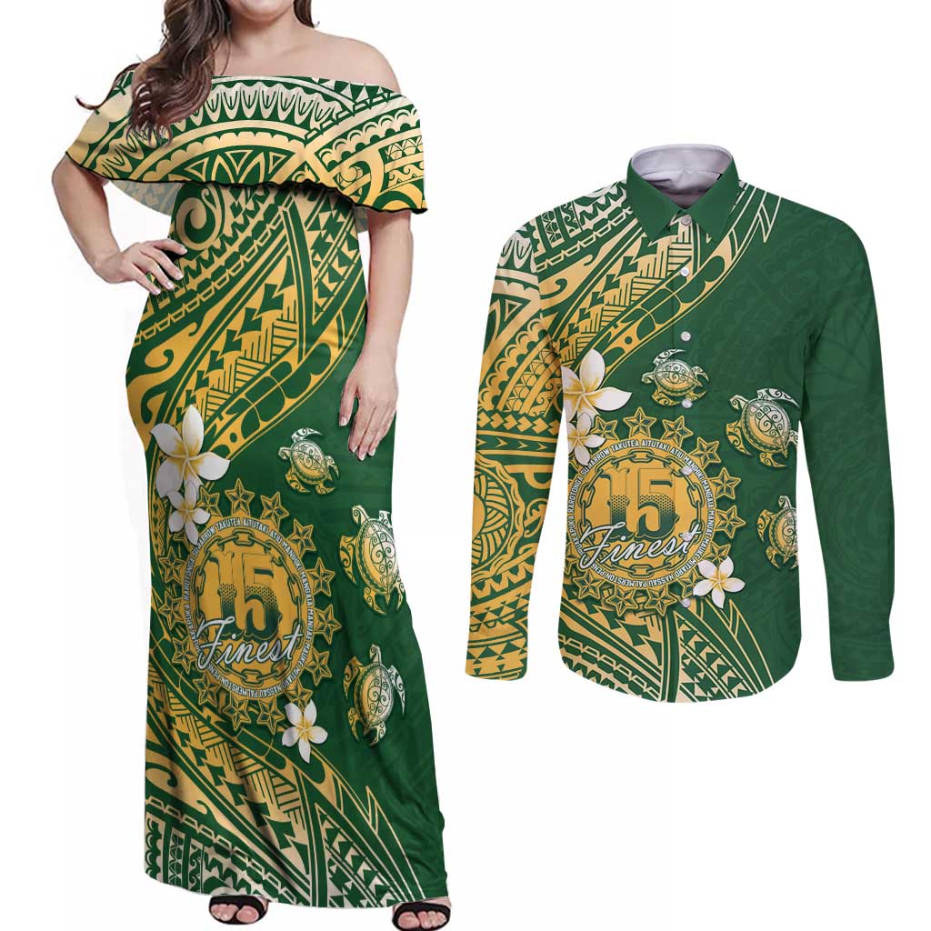 Cook Islands 15 Finest Couples Matching Off Shoulder Maxi Dress and Long Sleeve Button Shirt Plumeria Polynesian Turtle LT05 Green - Polynesian Pride