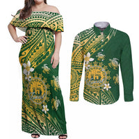 Cook Islands 15 Finest Couples Matching Off Shoulder Maxi Dress and Long Sleeve Button Shirt Plumeria Polynesian Turtle LT05 Green - Polynesian Pride