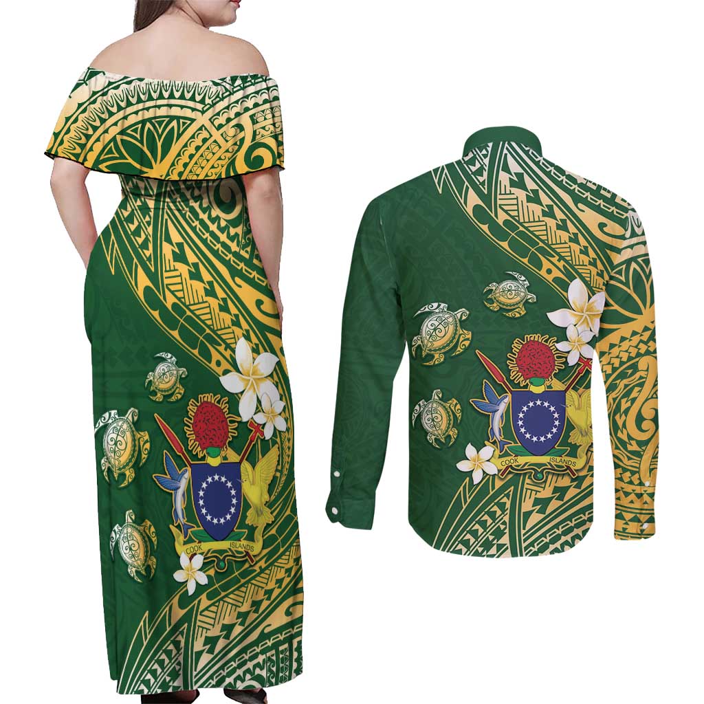 Cook Islands 15 Finest Couples Matching Off Shoulder Maxi Dress and Long Sleeve Button Shirt Plumeria Polynesian Turtle LT05 - Polynesian Pride