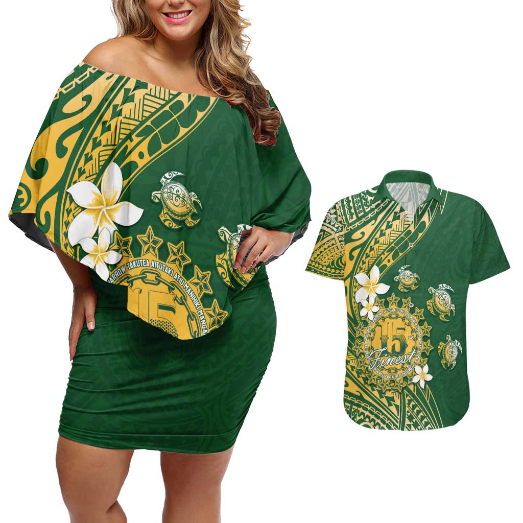 Cook Islands 15 Finest Couples Matching Off Shoulder Short Dress and Hawaiian Shirt Plumeria Polynesian Turtle LT05 Green - Polynesian Pride