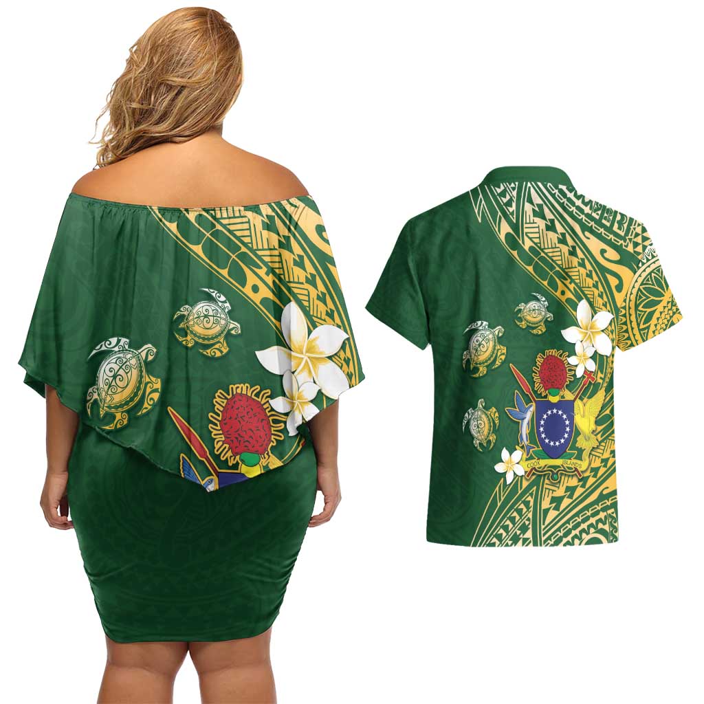 Cook Islands 15 Finest Couples Matching Off Shoulder Short Dress and Hawaiian Shirt Plumeria Polynesian Turtle LT05 - Polynesian Pride