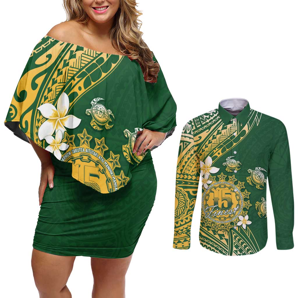 Cook Islands 15 Finest Couples Matching Off Shoulder Short Dress and Long Sleeve Button Shirt Plumeria Polynesian Turtle LT05 Green - Polynesian Pride