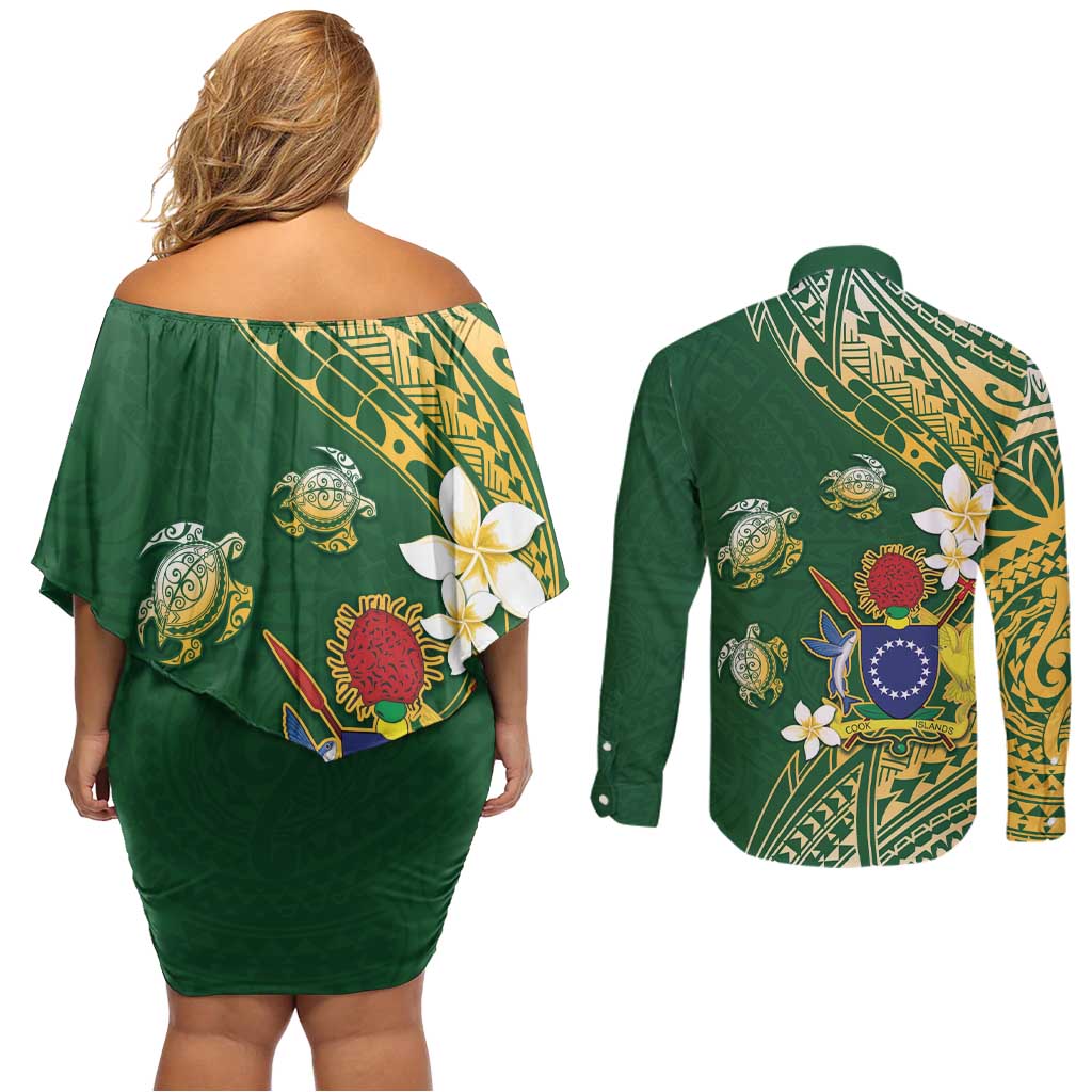 Cook Islands 15 Finest Couples Matching Off Shoulder Short Dress and Long Sleeve Button Shirt Plumeria Polynesian Turtle LT05 - Polynesian Pride