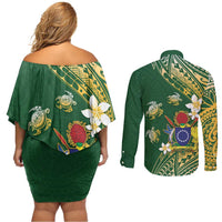 Cook Islands 15 Finest Couples Matching Off Shoulder Short Dress and Long Sleeve Button Shirt Plumeria Polynesian Turtle LT05 - Polynesian Pride