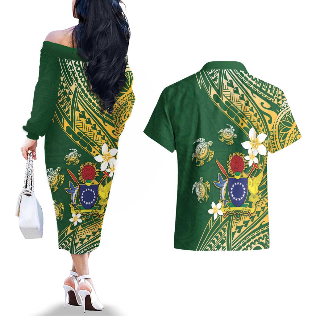 Cook Islands 15 Finest Couples Matching Off The Shoulder Long Sleeve Dress and Hawaiian Shirt Plumeria Polynesian Turtle