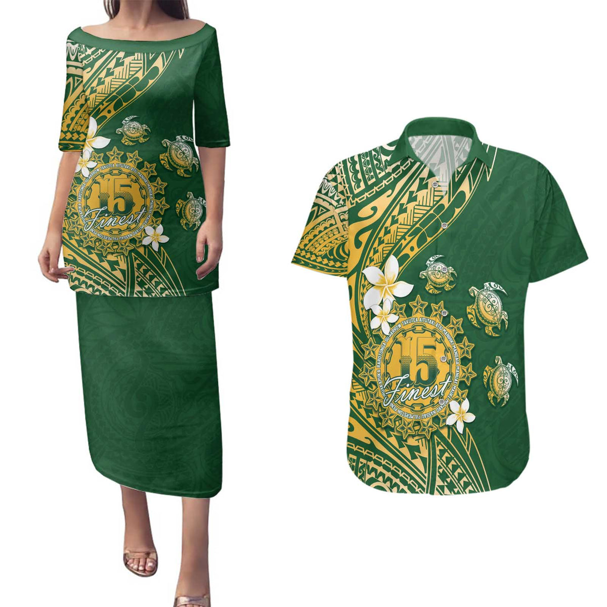 Cook Islands 15 Finest Couples Matching Puletasi and Hawaiian Shirt Plumeria Polynesian Turtle LT05 Green - Polynesian Pride