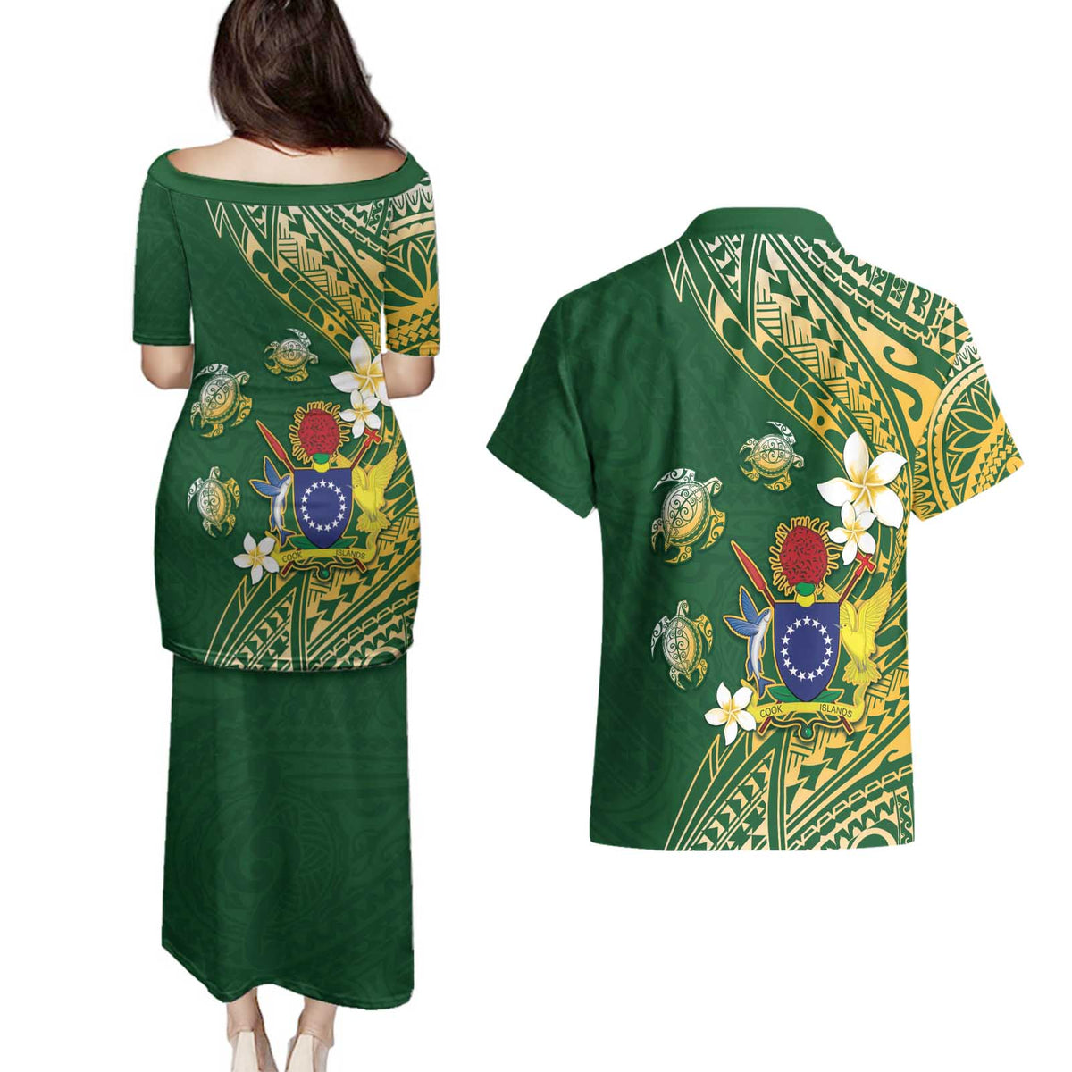 Cook Islands 15 Finest Couples Matching Puletasi and Hawaiian Shirt Plumeria Polynesian Turtle LT05 - Polynesian Pride