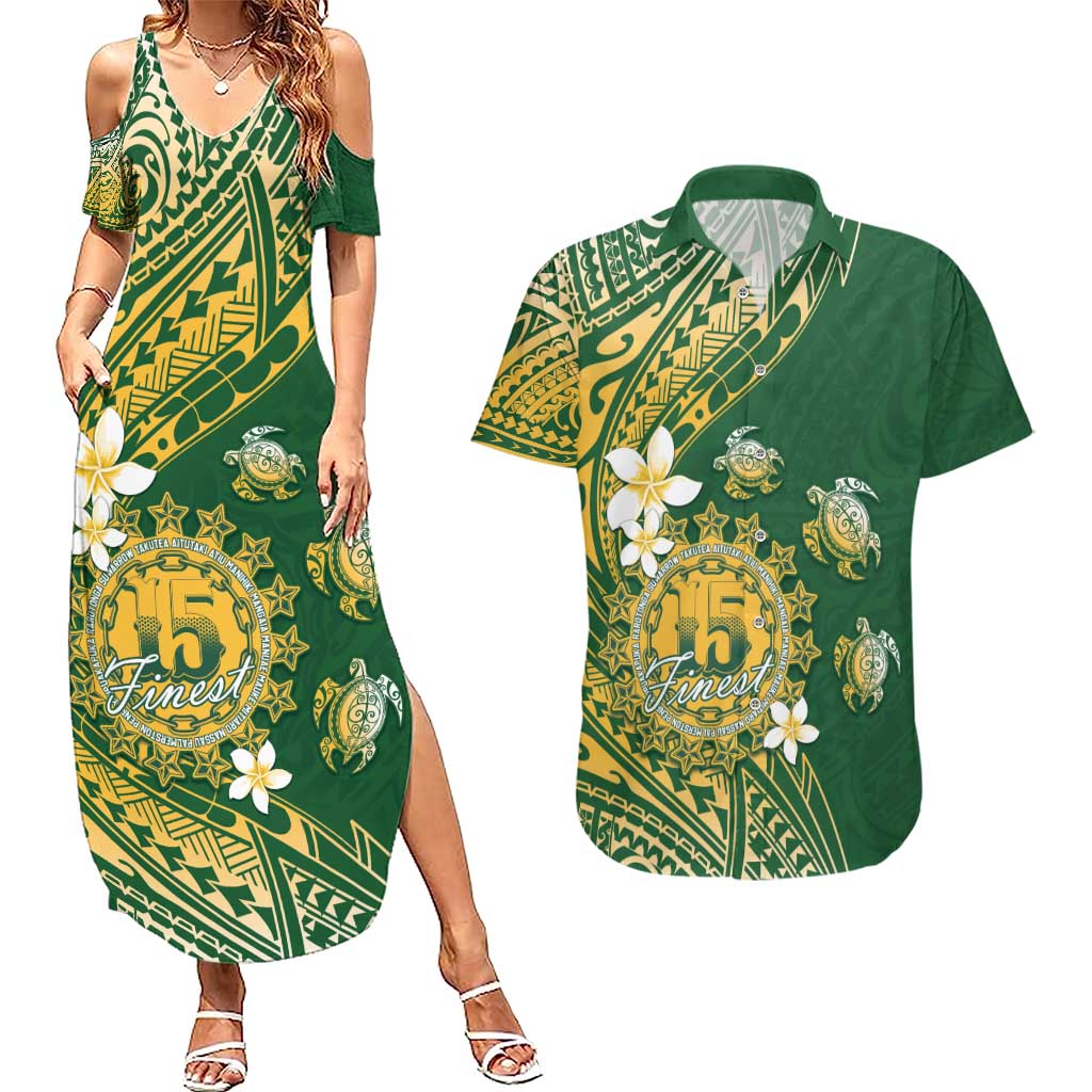 Cook Islands 15 Finest Couples Matching Summer Maxi Dress and Hawaiian Shirt Plumeria Polynesian Turtle LT05 Green - Polynesian Pride