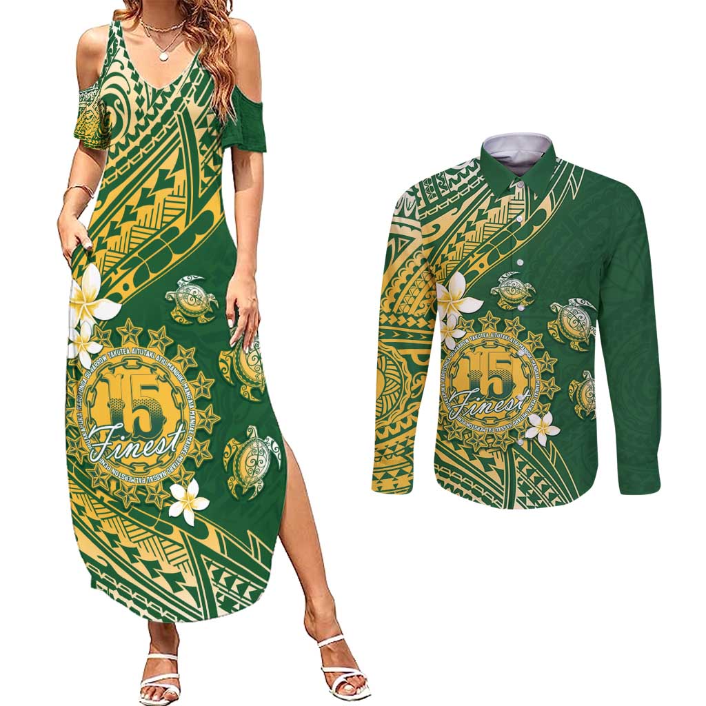 Cook Islands 15 Finest Couples Matching Summer Maxi Dress and Long Sleeve Button Shirt Plumeria Polynesian Turtle LT05 Green - Polynesian Pride