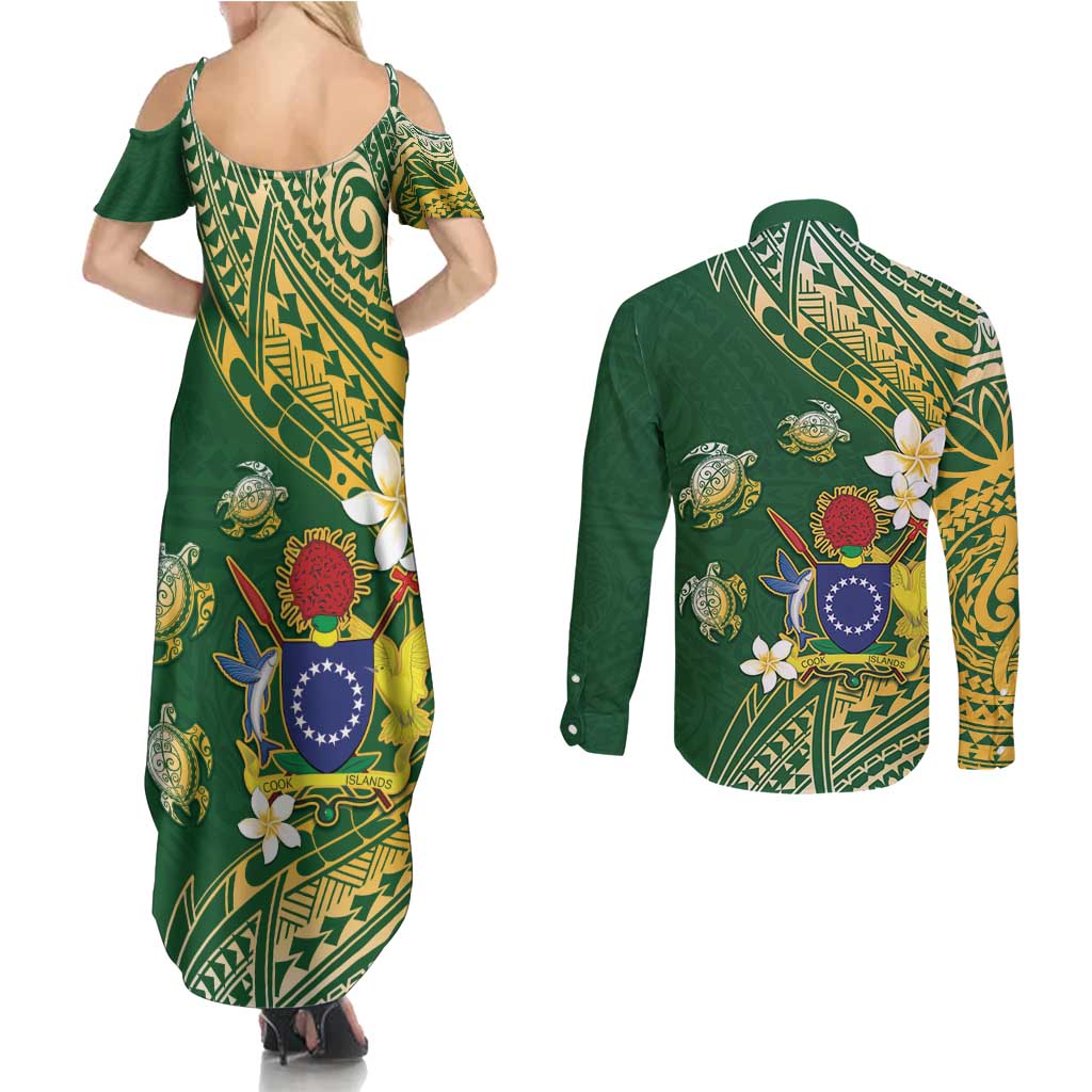 Cook Islands 15 Finest Couples Matching Summer Maxi Dress and Long Sleeve Button Shirt Plumeria Polynesian Turtle LT05 - Polynesian Pride