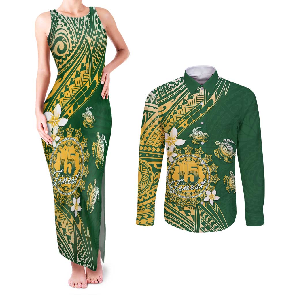 Cook Islands 15 Finest Couples Matching Tank Maxi Dress and Long Sleeve Button Shirt Plumeria Polynesian Turtle LT05 Green - Polynesian Pride