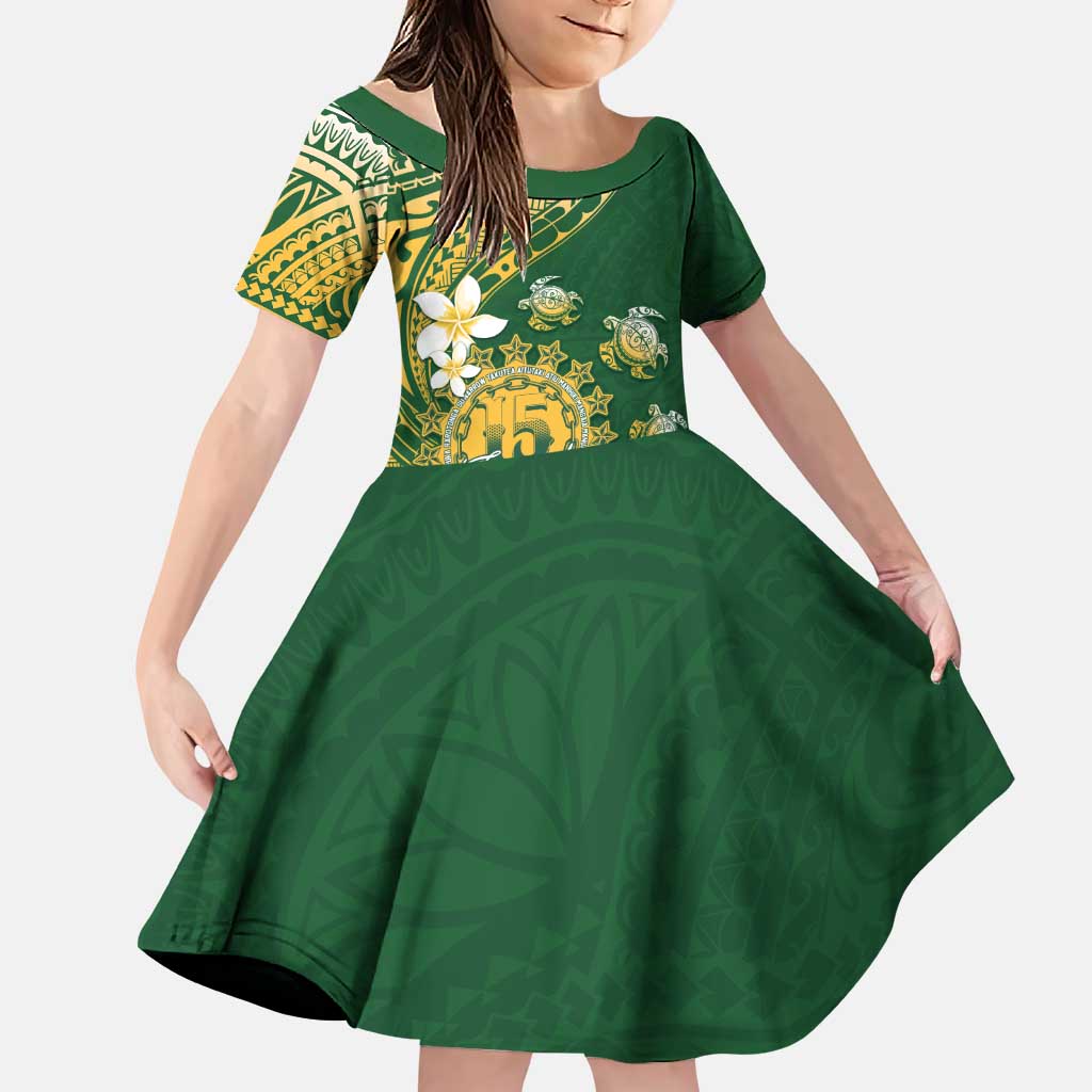 Cook Islands 15 Finest Family Matching Puletasi and Hawaiian Shirt Plumeria Polynesian Turtle LT05 Daughter's Dress Green - Polynesian Pride