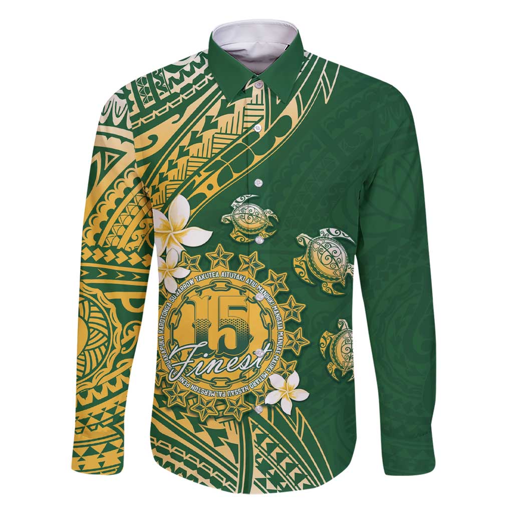 Cook Islands 15 Finest Family Matching Short Sleeve Bodycon Dress and Hawaiian Shirt Plumeria Polynesian Turtle LT05 Dad's Shirt - Long Sleeve Green - Polynesian Pride