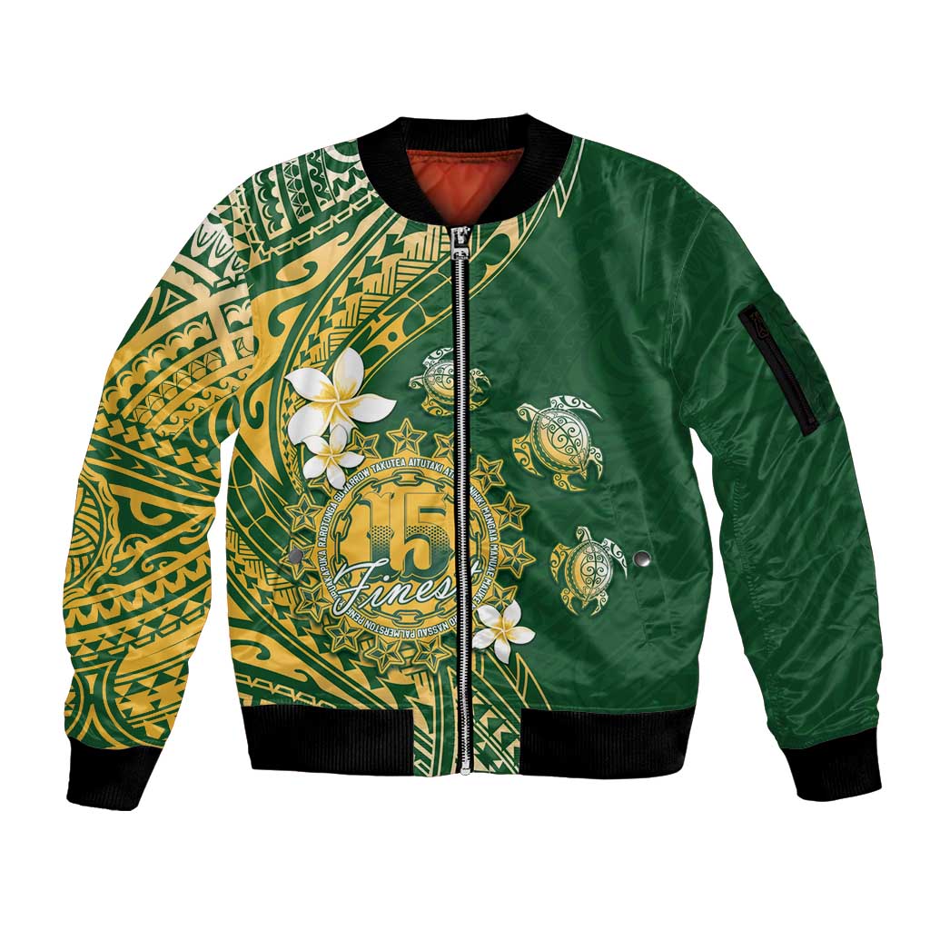 Cook Islands 15 Finest Sleeve Zip Bomber Jacket Plumeria Polynesian Turtle
