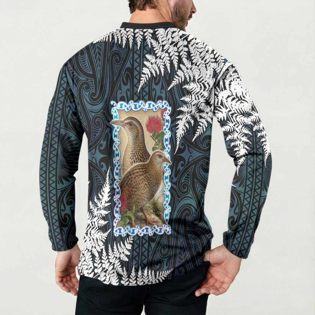 New Zealand Weka Button Sweatshirt Maori Hen Koru Pattern - Polynesian Pride