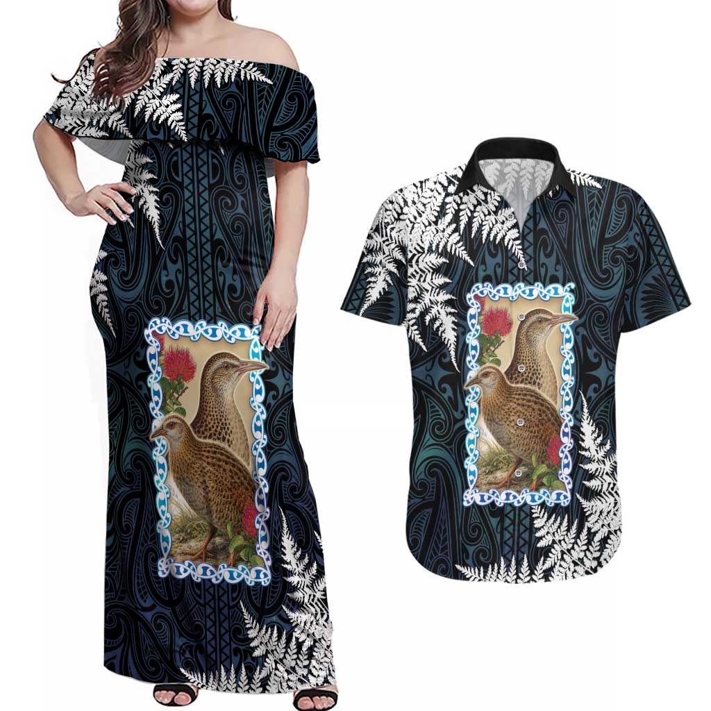 New Zealand Weka Couples Matching Off Shoulder Maxi Dress and Hawaiian Shirt Maori Hen Koru Pattern LT05 Black - Polynesian Pride