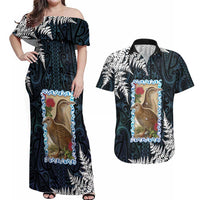 New Zealand Weka Couples Matching Off Shoulder Maxi Dress and Hawaiian Shirt Maori Hen Koru Pattern LT05 Black - Polynesian Pride