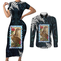 New Zealand Weka Couples Matching Short Sleeve Bodycon Dress and Long Sleeve Button Shirt Maori Hen Koru Pattern LT05 Black - Polynesian Pride