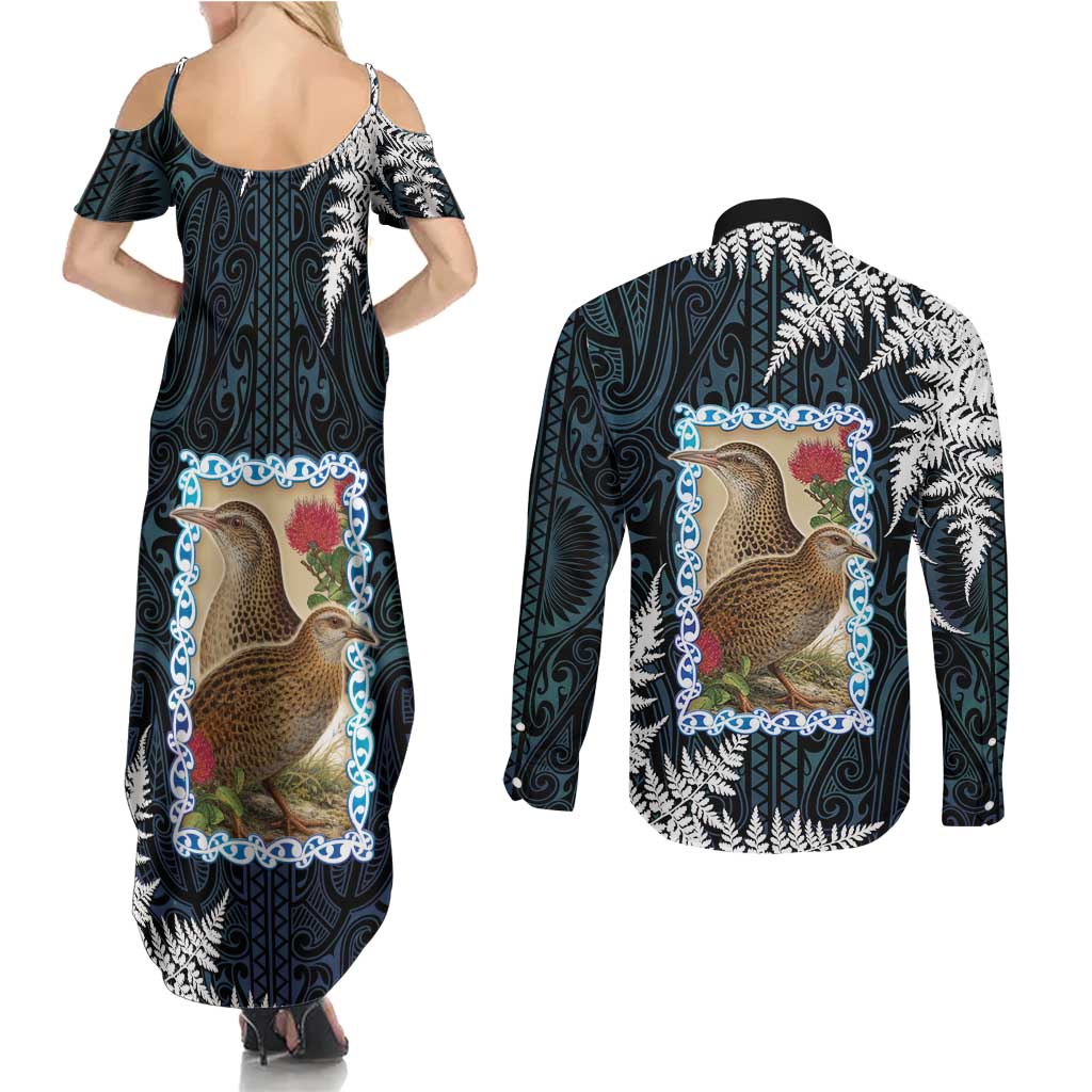 New Zealand Weka Couples Matching Summer Maxi Dress and Long Sleeve Button Shirt Maori Hen Koru Pattern LT05 - Polynesian Pride