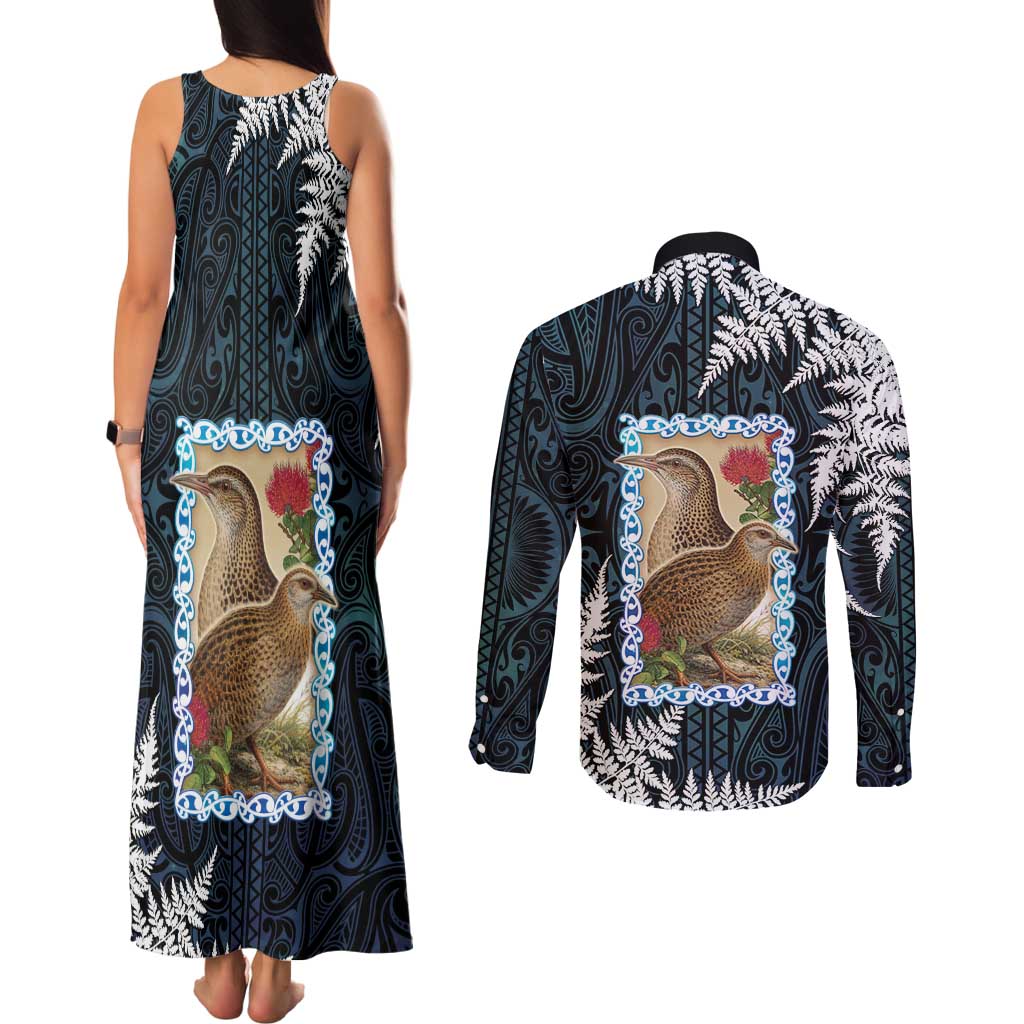 New Zealand Weka Couples Matching Tank Maxi Dress and Long Sleeve Button Shirt Maori Hen Koru Pattern LT05 - Polynesian Pride