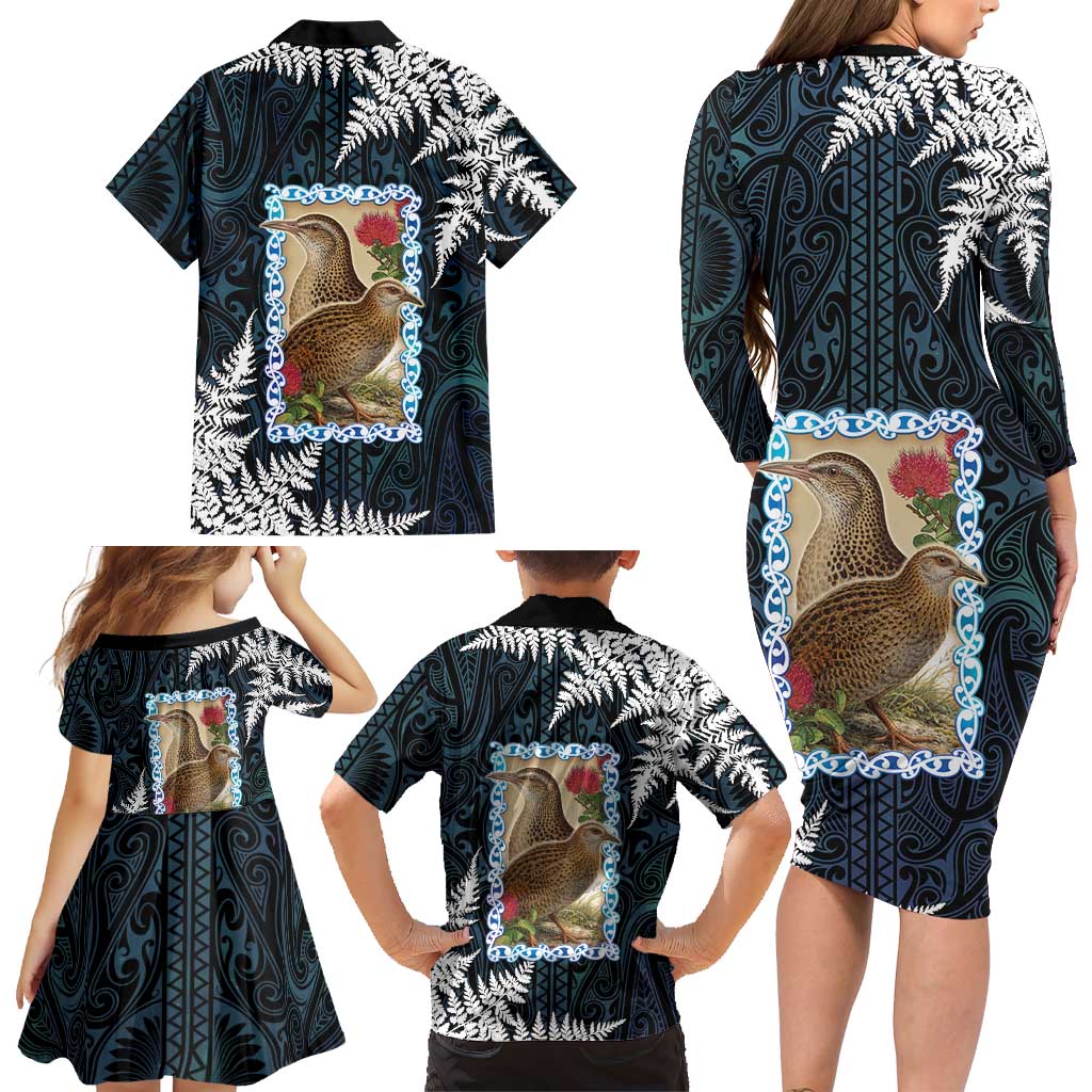 New Zealand Weka Family Matching Long Sleeve Bodycon Dress and Hawaiian Shirt Maori Hen Koru Pattern