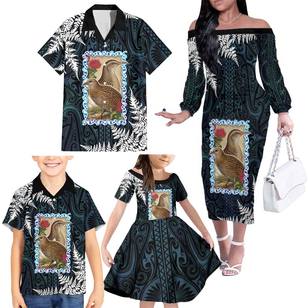 New Zealand Weka Family Matching Off The Shoulder Long Sleeve Dress and Hawaiian Shirt Maori Hen Koru Pattern