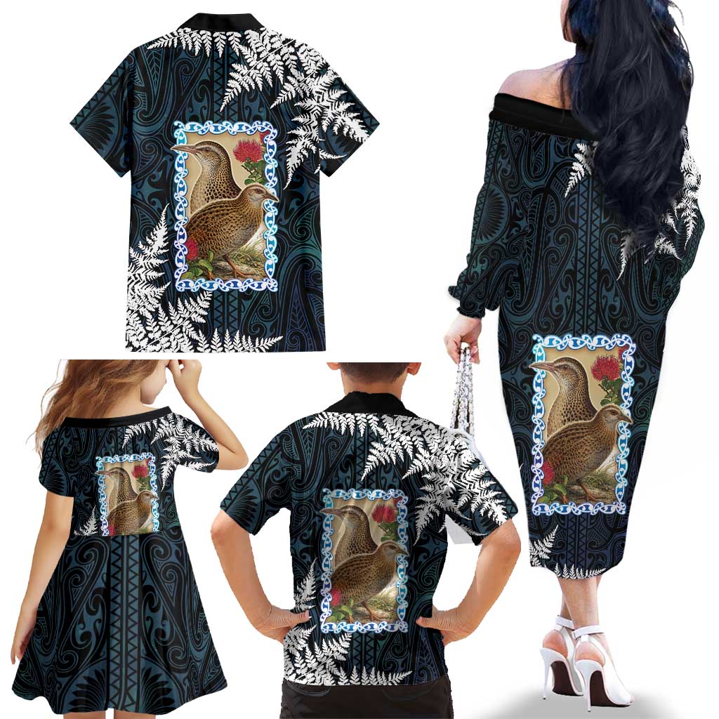 New Zealand Weka Family Matching Off The Shoulder Long Sleeve Dress and Hawaiian Shirt Maori Hen Koru Pattern