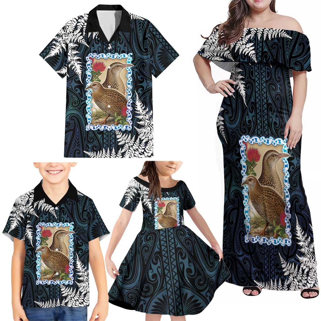 New Zealand Weka Family Matching Off Shoulder Maxi Dress and Hawaiian Shirt Maori Hen Koru Pattern