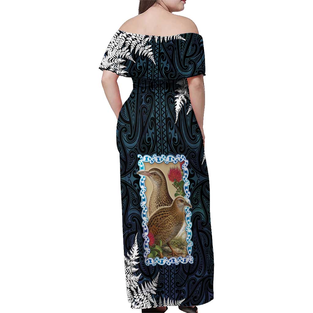 New Zealand Weka Family Matching Off Shoulder Maxi Dress and Hawaiian Shirt Maori Hen Koru Pattern