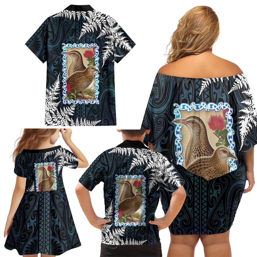 New Zealand Weka Family Matching Off Shoulder Short Dress and Hawaiian Shirt Maori Hen Koru Pattern