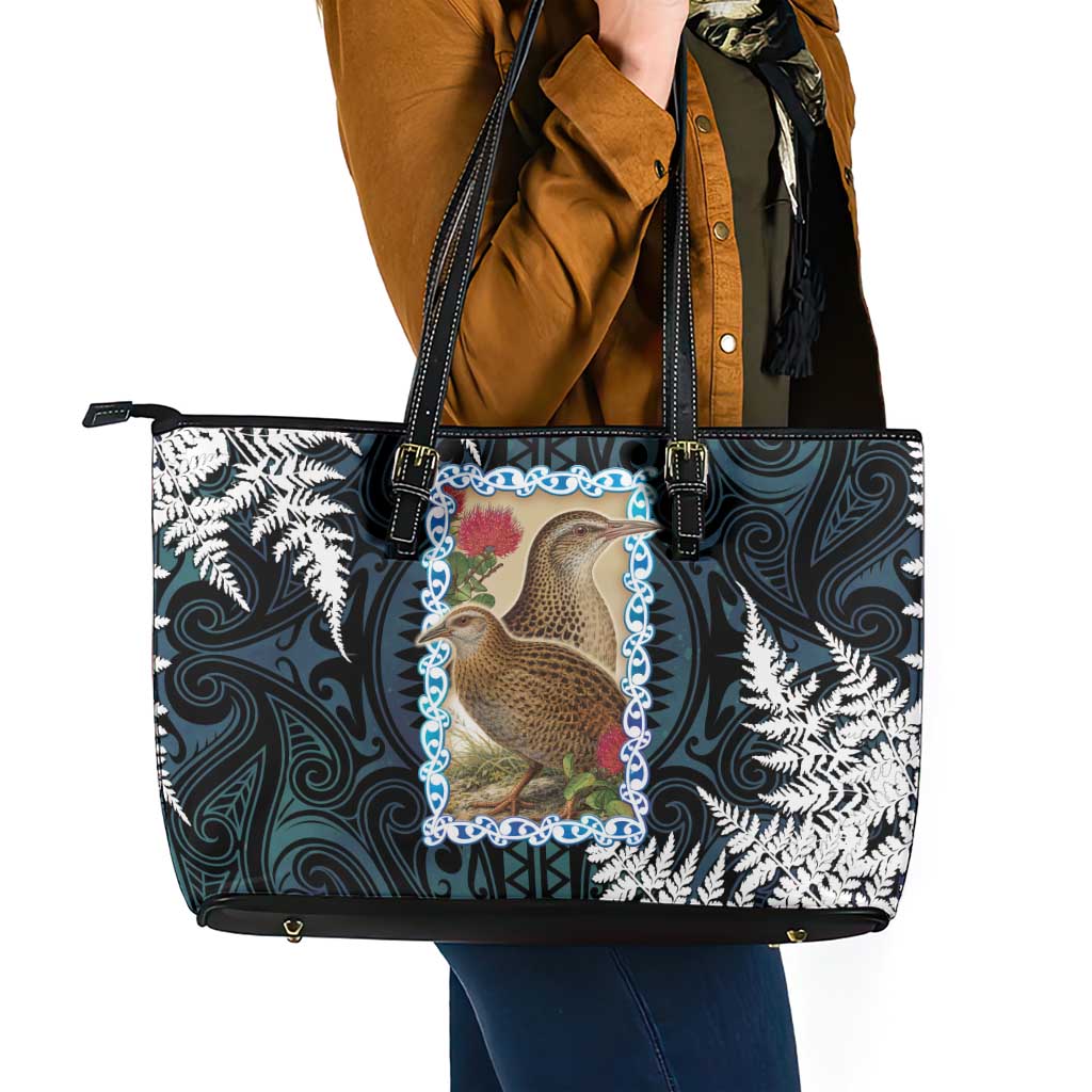 New Zealand Weka Leather Tote Bag Maori Hen Koru Pattern - Polynesian Pride