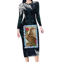 New Zealand Weka Long Sleeve Bodycon Dress Maori Hen Koru Pattern LT05 Long Dress Black - Polynesian Pride